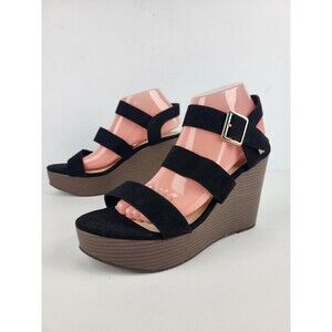 BC Born In California Peonies Wedged Sandals Black Basket Weave Vegan Size 10